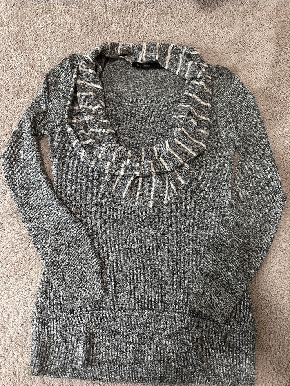 The Limited Gray Cowl Neck Sweater with Cream Stripe Trim